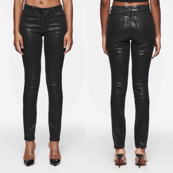 Rebecca Minkoff Glittery Wax Coated Skinny Jeans Black Sparkly Size 2 NWOT - Picture 1 of 11